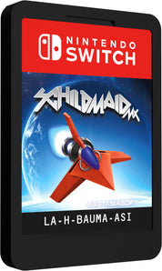 Nintendo Switch game case with 'Schildmaid' cover featuring a red spaceship.