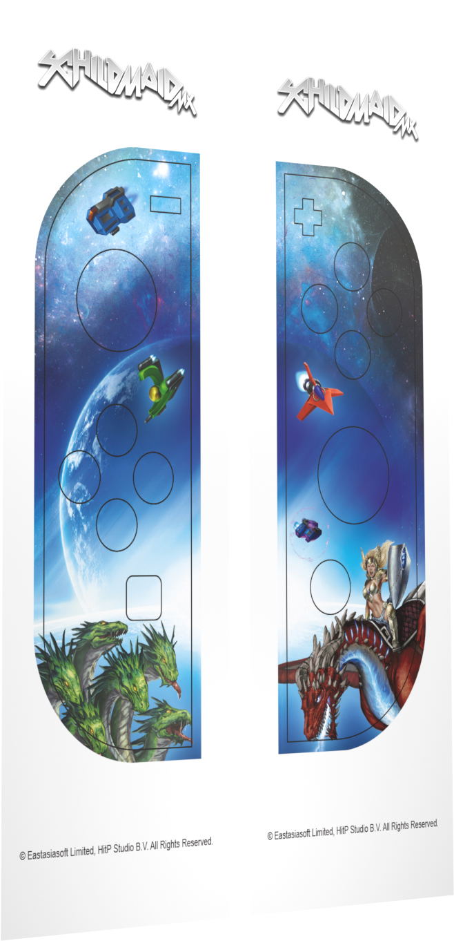 Two gaming controller skins with cartoon characters and space-themed design on a white background.