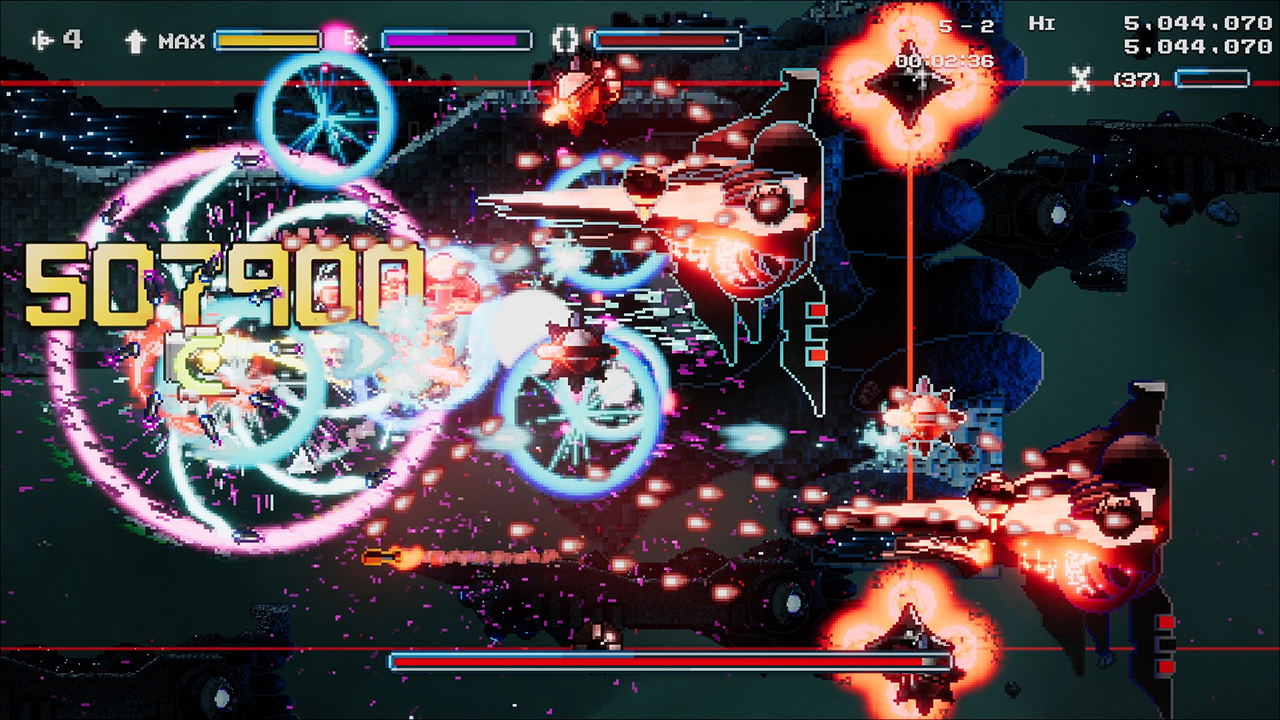 Space shooter game with futuristic spacecraft and colorful explosions on a dark background