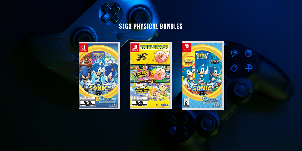 Three Sega physical game bundles displayed side by side on a dark blue background with a PlayStation-style controller behind them. The text 'SEGA PHYSICAL BUNDLES' appears above the products.