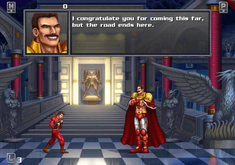 A retro pixel-art video game scene showing a victorious armored figure in red and gold standing in a grand hall, facing an opponent in red. A dialogue box at the top shows a portrait of a man with a mustache saying, 'I congratulate you for coming this far, but the road ends here.