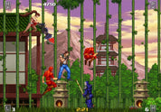 A retro 2D side-scrolling fighting game scene with multiple illustrated characters in a bamboo forest with pagoda buildings and mountains in the background.