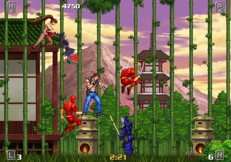 A retro 2D side-scrolling fighting game scene with multiple illustrated characters in a bamboo forest with pagoda buildings and mountains in the background.