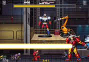 A screenshot from a 2D side-scrolling action game showing a red and white robot standing on a platform in a futuristic industrial setting, with a yellow robotic arm, a large red and gold enemy, and game UI elements including health bars and a timer.