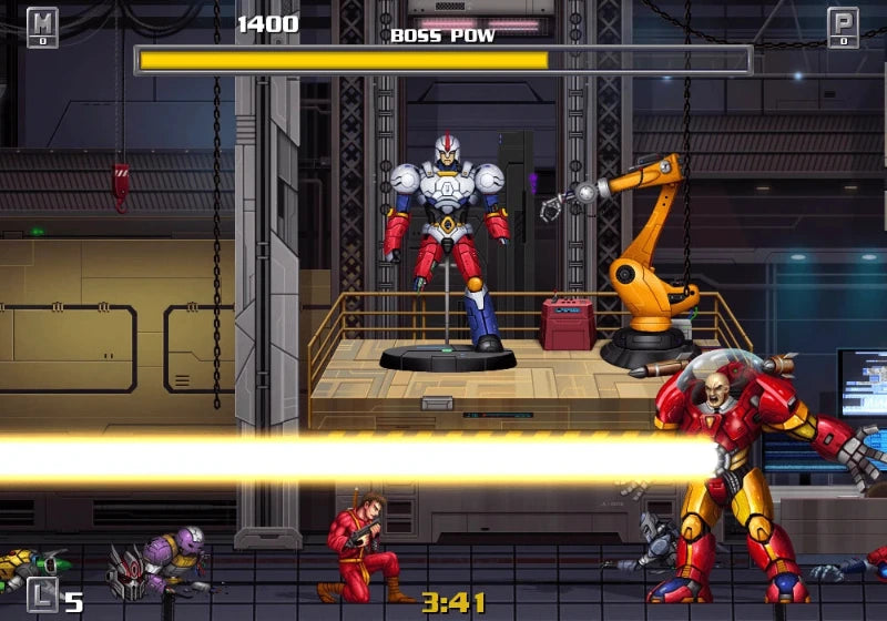 A screenshot from a 2D side-scrolling action game showing a red and white robot standing on a platform in a futuristic industrial setting, with a yellow robotic arm, a large red and gold enemy, and game UI elements including health bars and a timer.