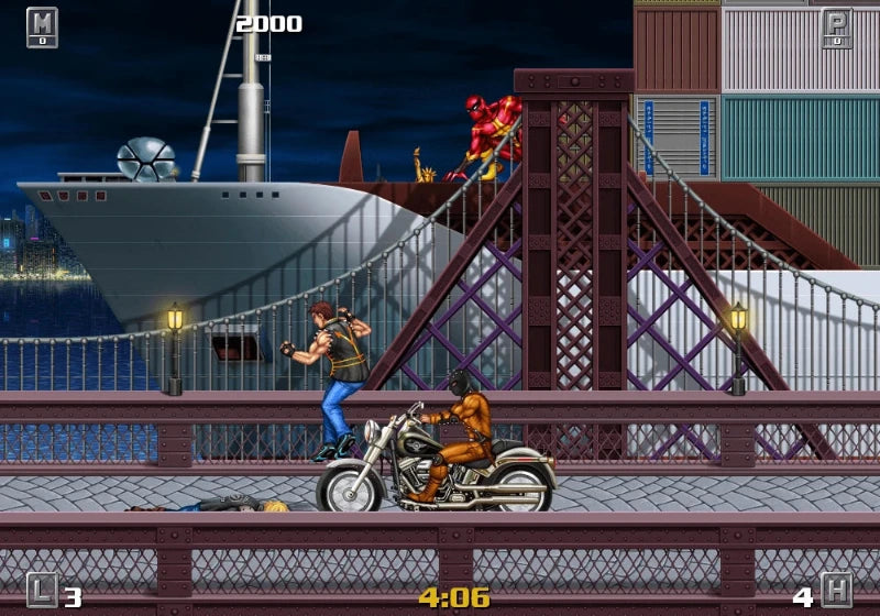 Video game scene with a character on a motorcycle and another character on a bridge at night.