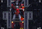 Side-scrolling video game scene showing a red and gray mecha-like robot fighting a small red humanoid character in a dark industrial corridor with UI elements and score/time displays.