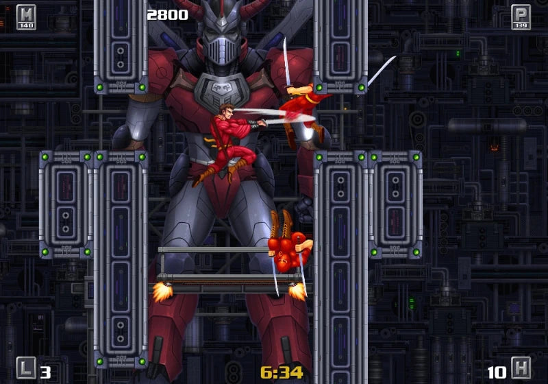 Side-scrolling video game scene showing a red and gray mecha-like robot fighting a small red humanoid character in a dark industrial corridor with UI elements and score/time displays.