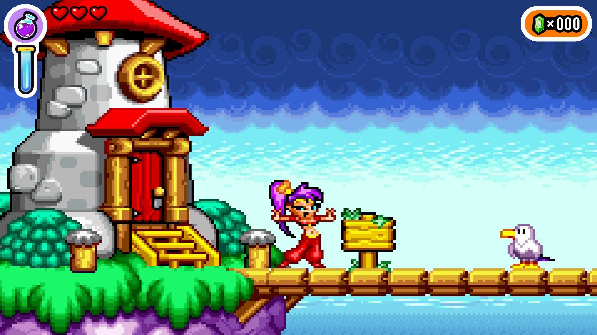 Pixel art character standing on a platform with a castle-like structure in the background