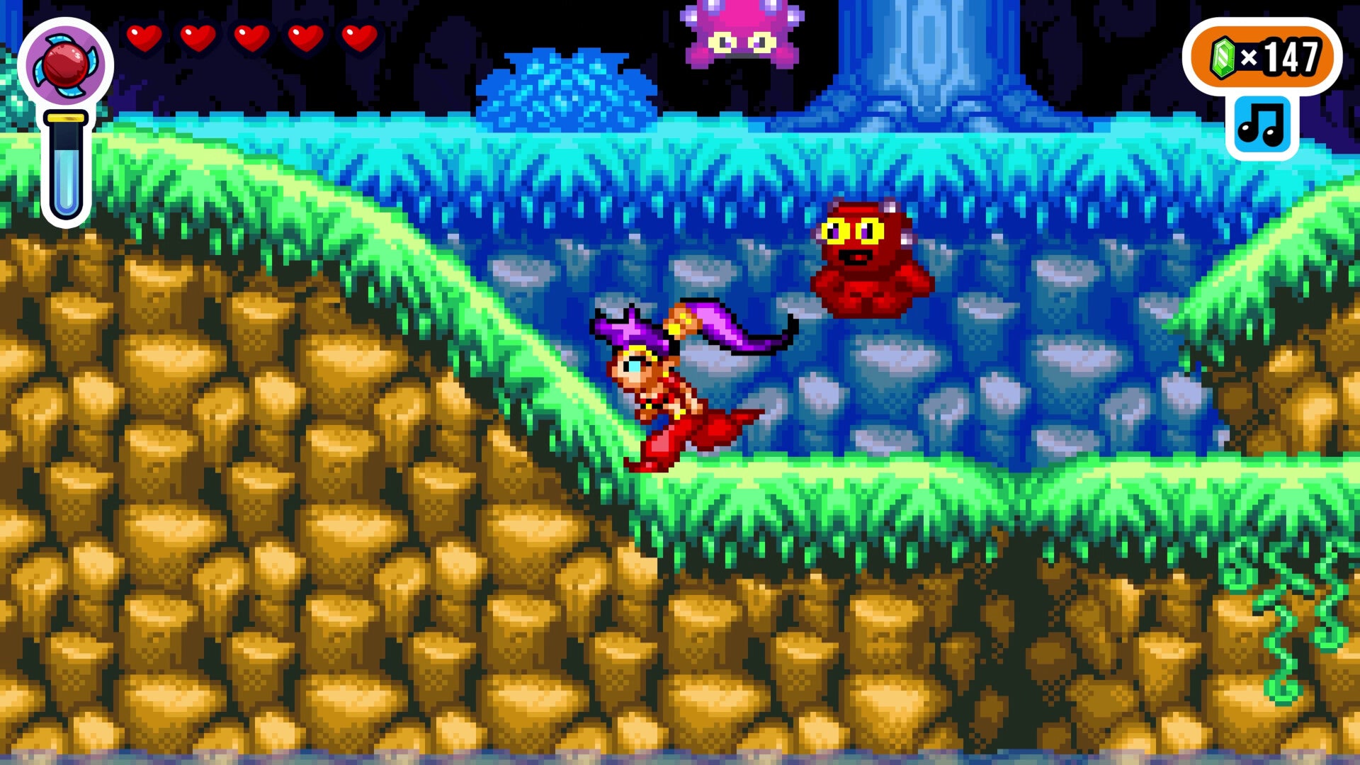 Screenshot of a platformer game with characters on a grassy platform.