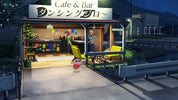 Animated character standing outside a cafe and bar at night