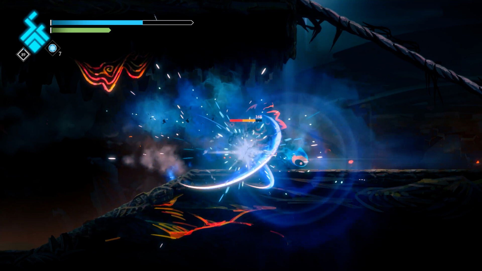 Action-packed scene from a video game with glowing effects and dark background
