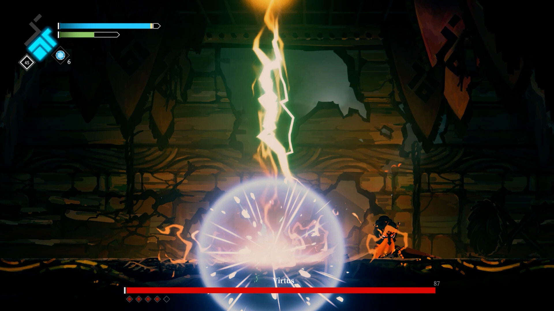 Game screen showing a character in a dark, dungeon-like environment with glowing effects and health bars.
