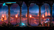Stylized scene with a character sitting on a throne-like chair in a fantasy setting with torches and a dark sky.