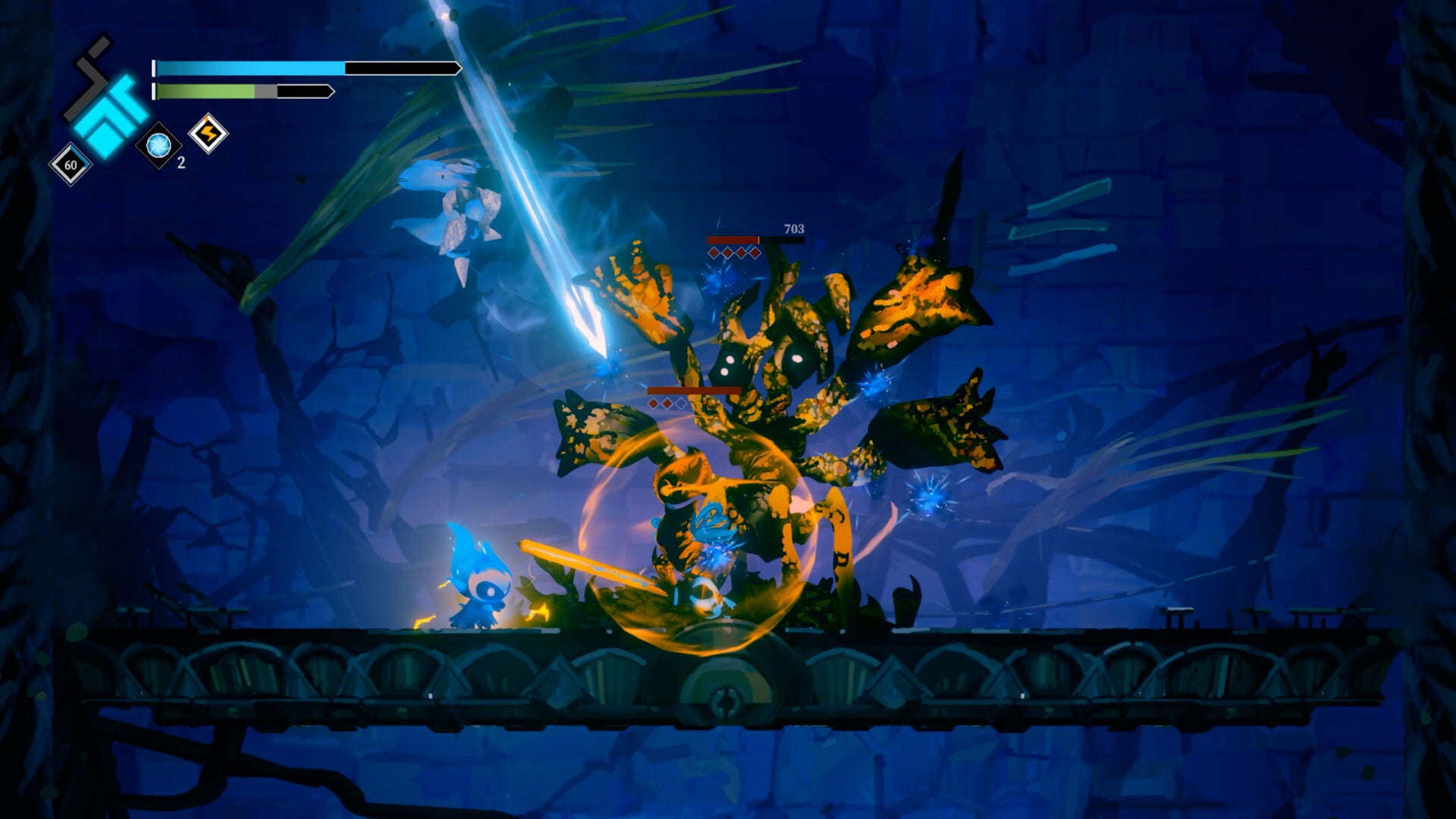 Video game scene with a character in a dark underwater setting