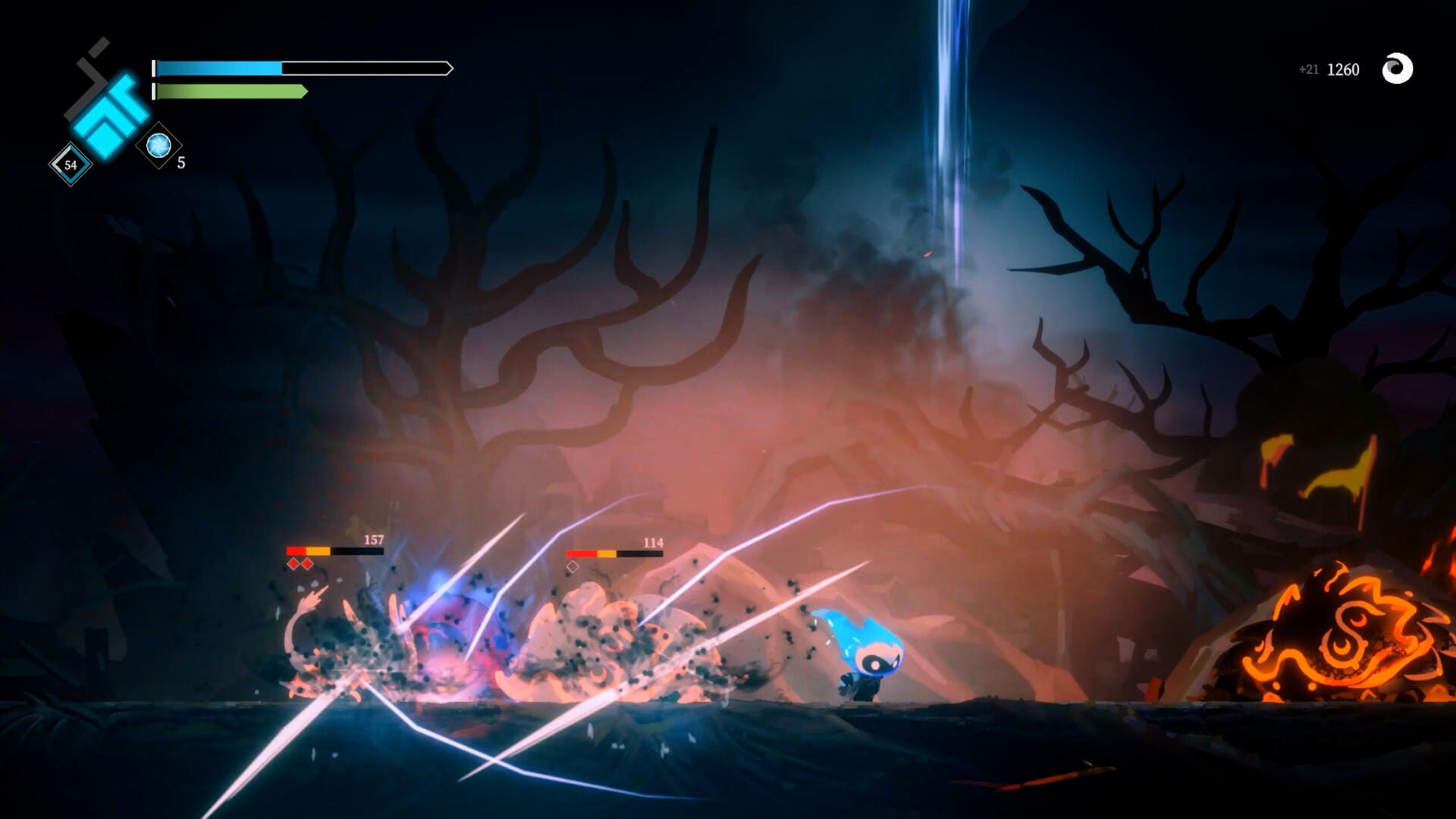 Action-packed scene from a video game with characters in a dark, eerie forest setting.