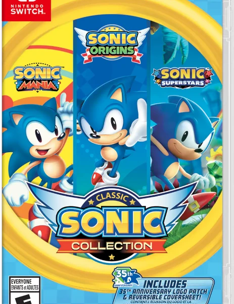 Front cover of the Nintendo Switch game Classic Sonic Collection, featuring Sonic the Hedgehog artwork from Sonic Origins, Sonic Manda, and Sonic Superstars, with the Nintendo Switch logo and SEGA branding.