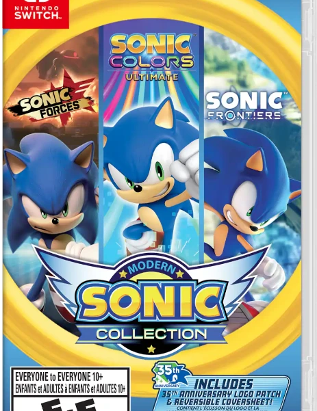 Front cover of the Nintendo Switch game 'Modern Sonic Collection' featuring Sonic the Hedgehog artwork, with visible Nintendo Switch, ESRB, and SEGA branding.