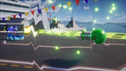 Video game scene with a green character and colorful cars on a track.