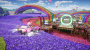 Colorful racing track with cartoon cars on a bright day