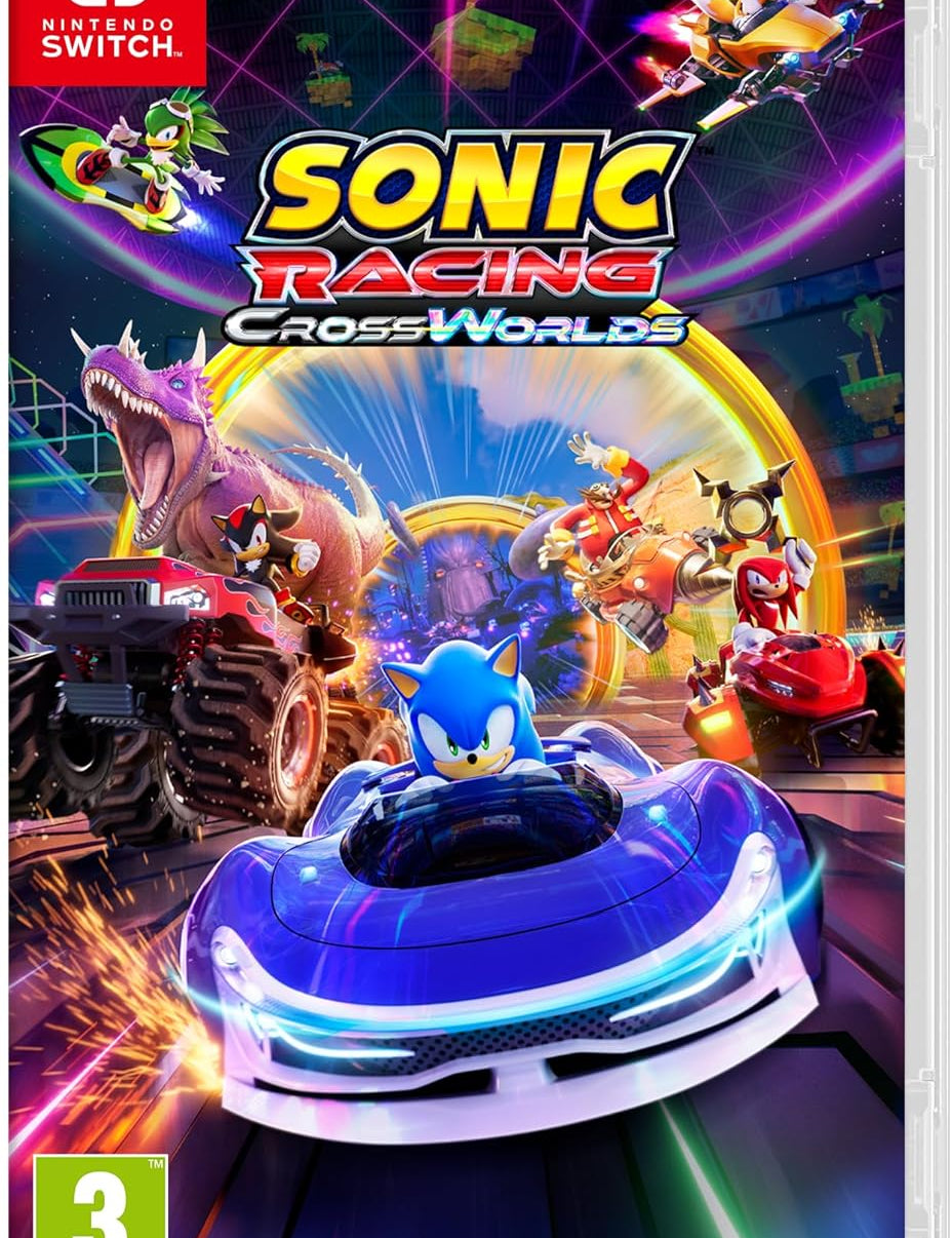 Sonic Racing Cross Worlds game cover for Nintendo Switch with Sonic the Hedgehog on a hoverboard.