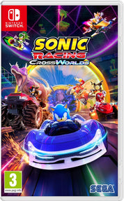 Sonic Racing Cross Worlds game cover for Nintendo Switch with Sonic the Hedgehog on a hoverboard.