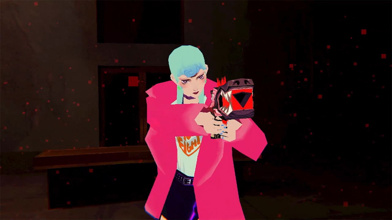 Character in a pink outfit holding a gun in a dark room with red accents