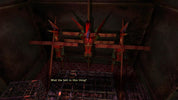 Game interface with a character looking at a large dragon-like creature in a dark room.