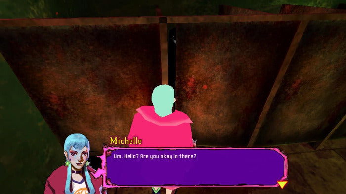A screenshot from a video game or interactive story scene showing a character with blue hair and a pink jacket at the bottom left, a purple dialogue box, and a back view of a figure in a pink robe standing in a dark rust-colored doorway.