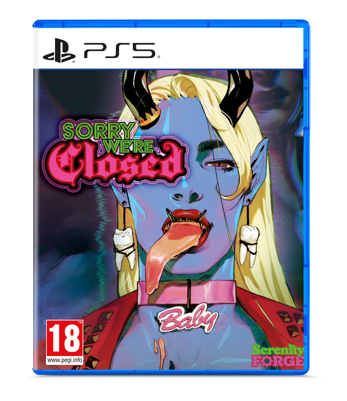 PS5 game case for 'Sorry We're Closed: Baby' featuring a stylized blue-skinned demon character with blonde hair, horns, and a pink outfit, shown on a white background with a blue PS5 case border.