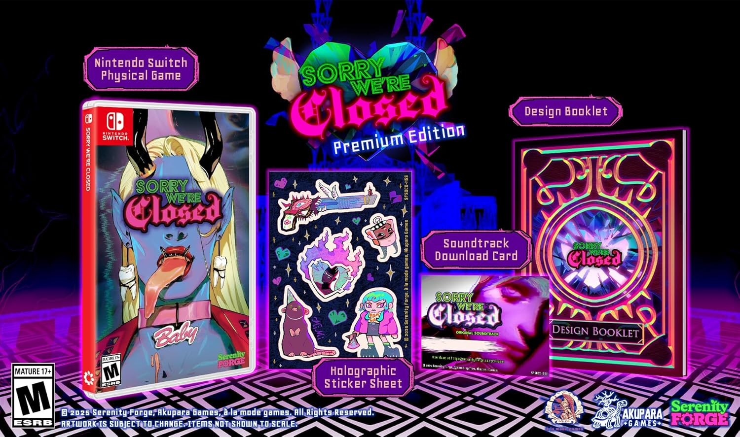 Sorry We're Closed premium edition game packaging with multiple items on a dark background