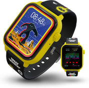 Smartwatch with a space-themed display and black and yellow strap on a white background