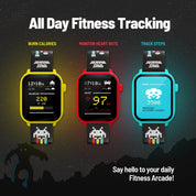 Three colorful fitness trackers with digital displays on a dark background
