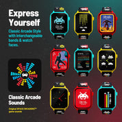 Collection of colorful arcade-style smartwatches with interchangeable bands and watch faces on a dark background.