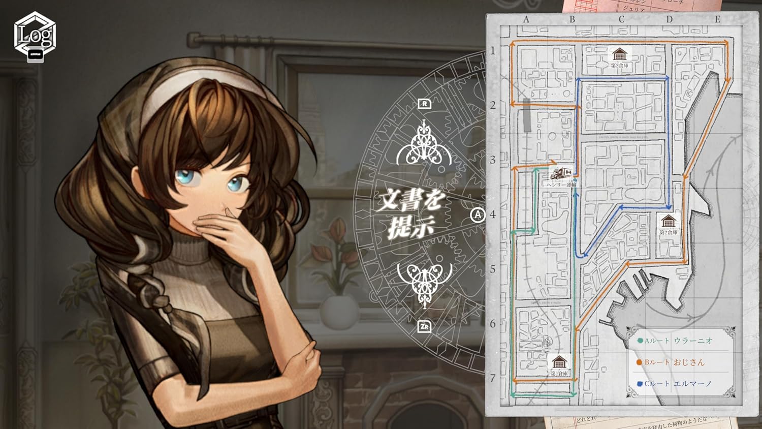 Character with braided hair and a map of a building layout in a game-like setting.