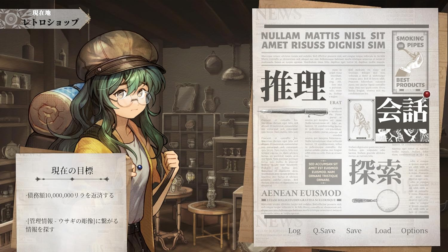 Animated character with green hair and a hat holding a sign, next to a newspaper with text and graphics.