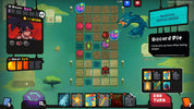 A screenshot of a stylized card game interface with a grid of cards, character portrait, discard pile, objective text, and action buttons on a teal-green background.