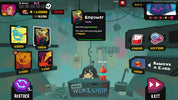 A stylized digital game interface showing a workshop scene with cards, buttons, and on-screen text such as 'Empower,' 'Restock,' and 'Exit.' This is not a clean product photo, not a lifestyle scene, and not one of the auxiliary chart/swatch/instruction types; it fits best under Other as a digital-only preview/game UI.