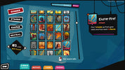 A screenshot of a video game interface showing a grid of collectible cards or items, with status labels like GUNNER, STINGER, KEEPER, and NEUTRAL on the left, and an info panel reading Cluster Fire! on the right.