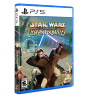 PlayStation 5 game case for 'Star Wars: Episode I Jedi Power Battles' with characters holding lightsabers and guns.