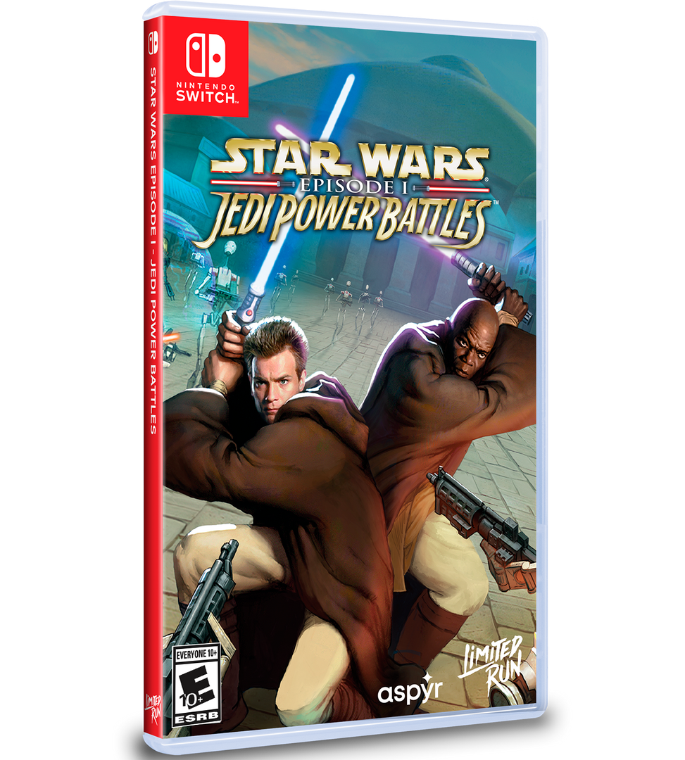 Video game case for 'Star Wars: Jedi Power Battles' on Nintendo Switch with characters holding lightsabers.