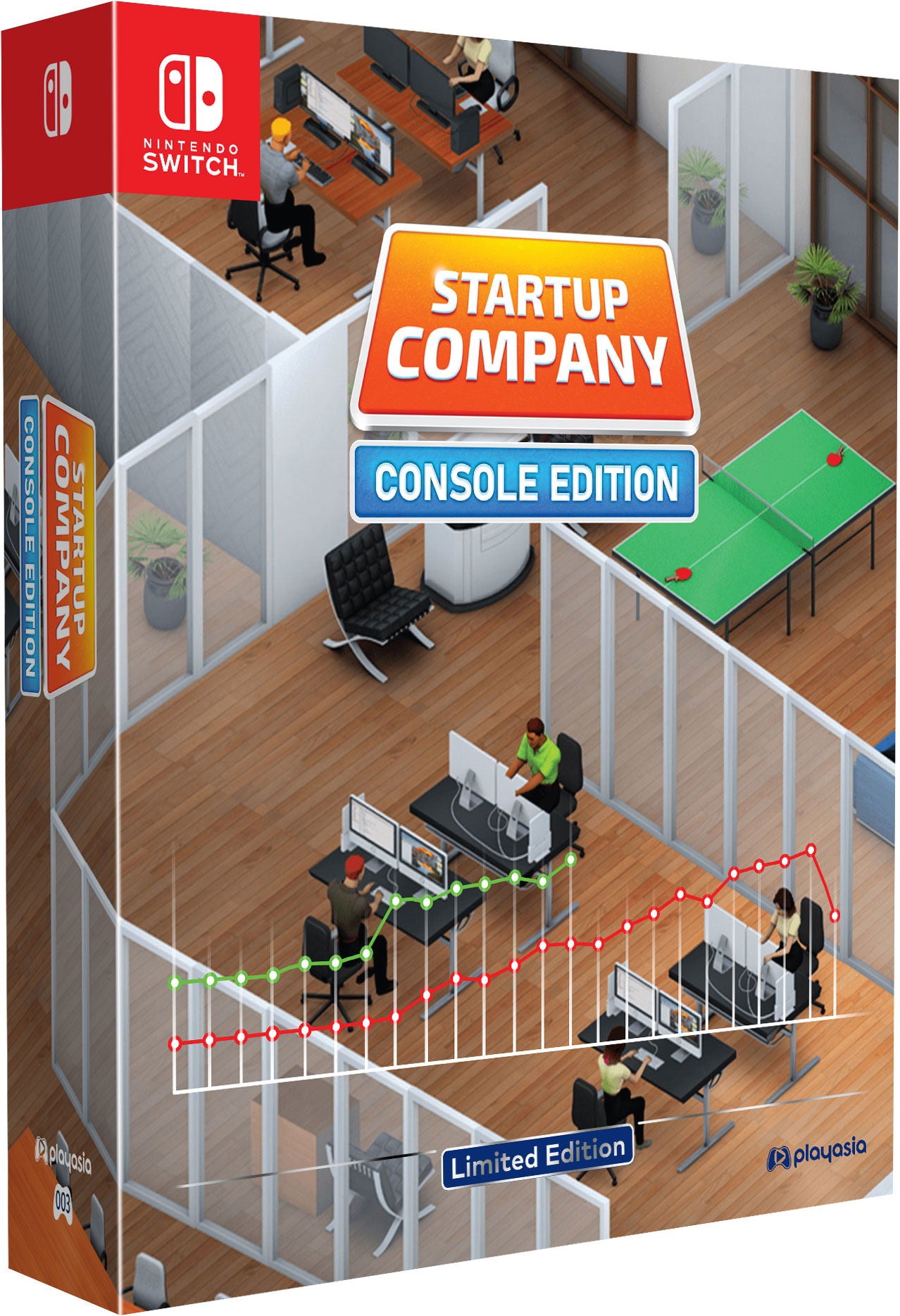 Box for 'Startup Company: Console Edition' on Nintendo Switch with office scene illustration.