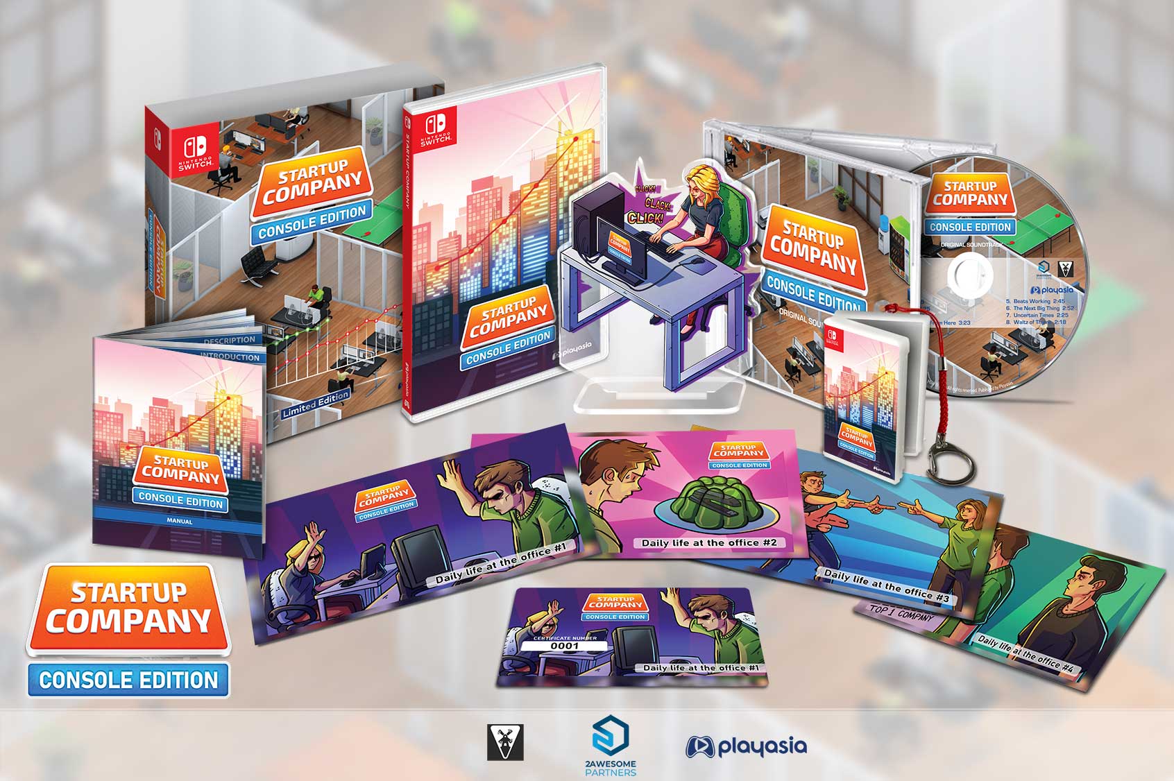 Startup Company console edition packaging with various components on a light background