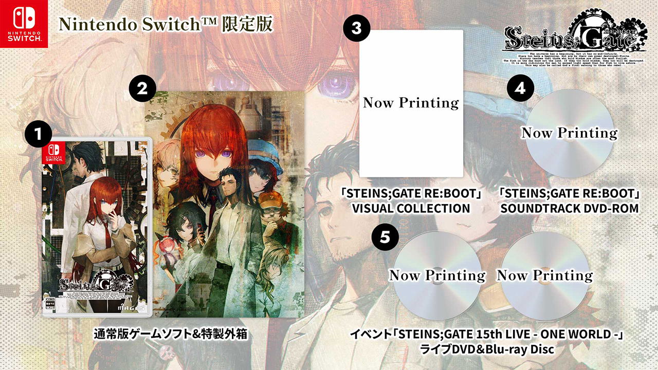 Promotional graphic for the Nintendo Switch limited edition of Steins;Gate: 15th Live - One World - featuring anime artwork, product box art, and numbered callouts indicating printing stages.
