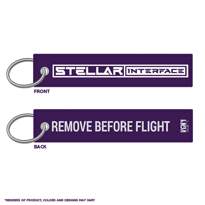 Purple keychain with 'Stellar Interface' on one side and 'Remove Before Flight' on the other, on a white background.