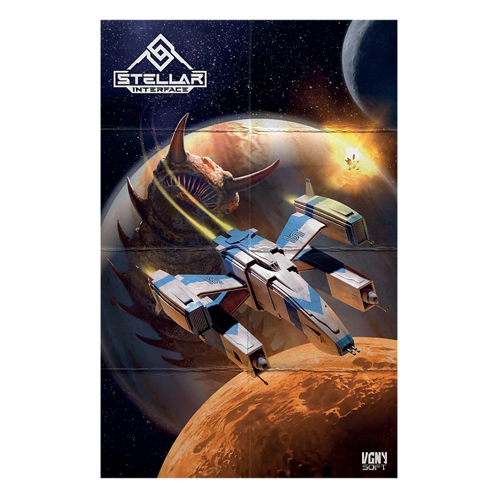 Space-themed poster with a spaceship and planet, featuring the 'Stellar Interface' logo.