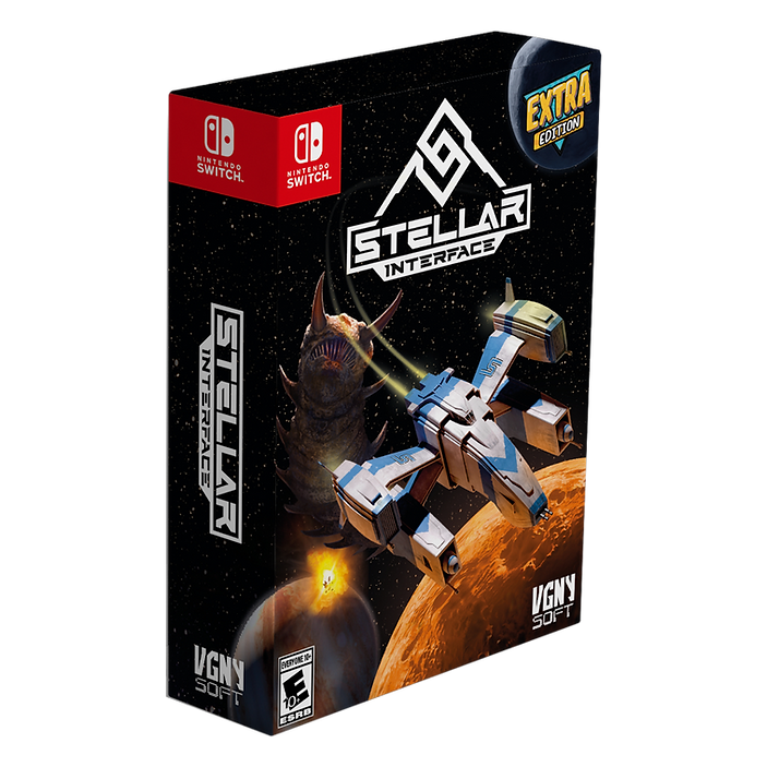 Stellar Interface game box for Nintendo Switch with robot and alien design on a black background