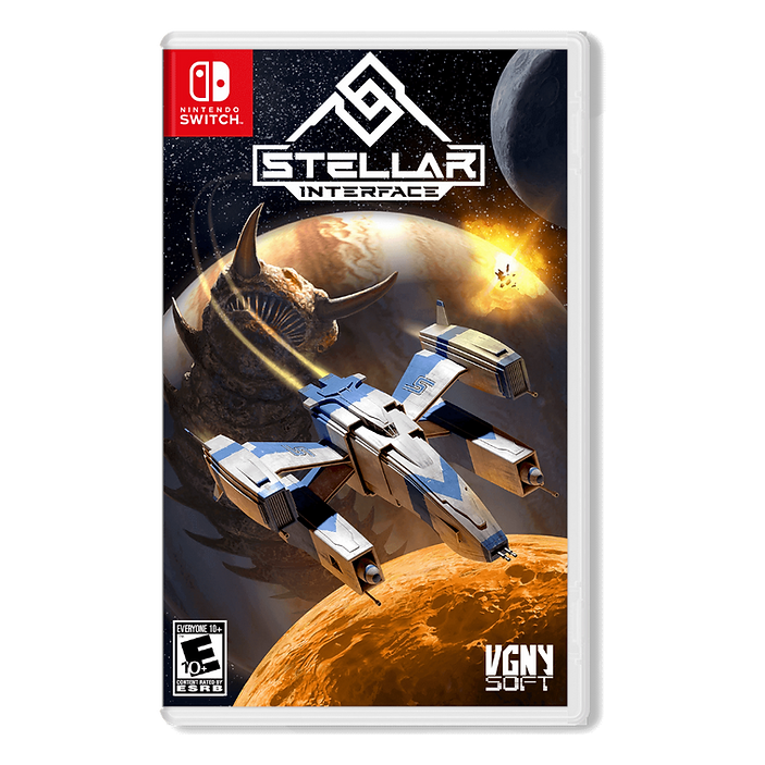 Game case for 'Stellar Interface' on Nintendo Switch with space-themed artwork.