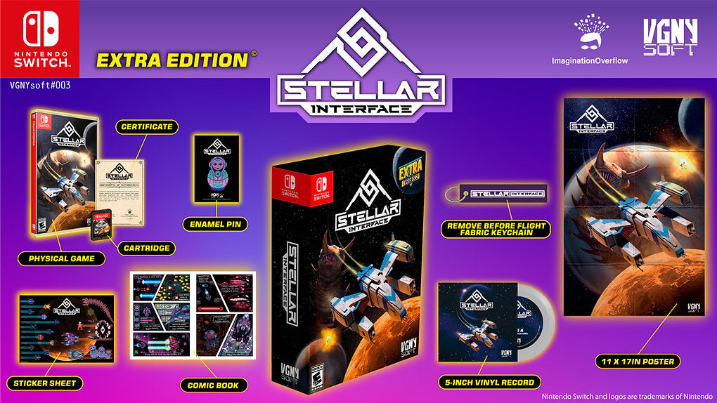 Stellar Interface gaming product packaging with Nintendo Switch branding on a purple background