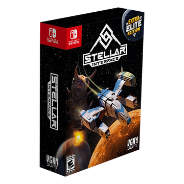 Gaming console packaging for 'Stellar Interface' with robot and space design on a black background.